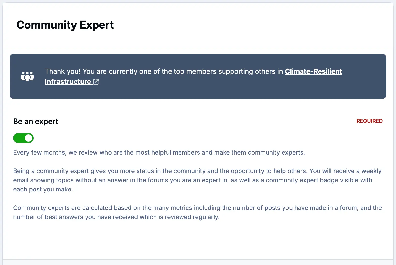 Screenshot of community experts form