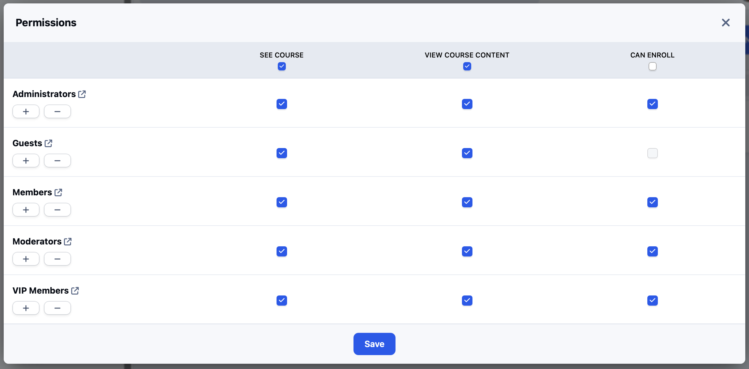Screenshot of course permissions