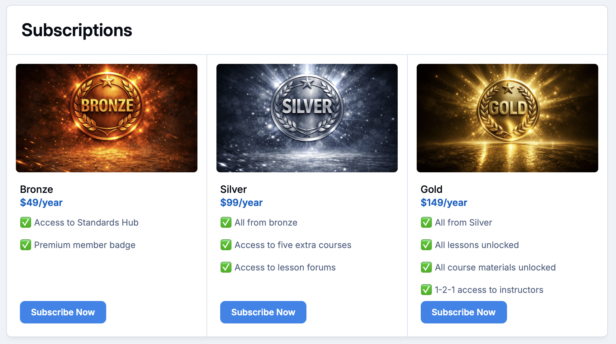 Screenshot of subscription tiers