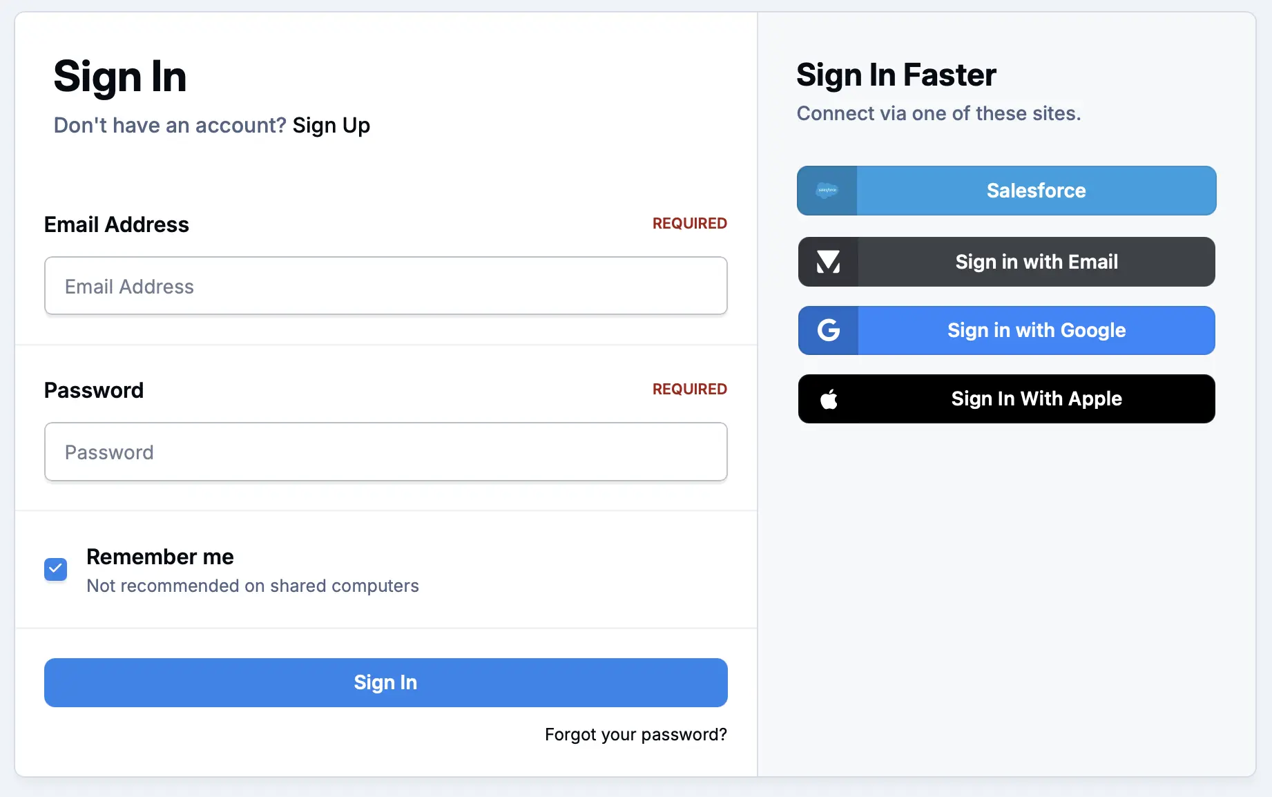 Screenshot of login form